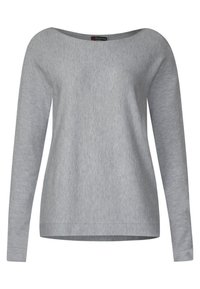 Grey long-sleeve sweater with a wide, rounded neckline, made of soft knit fabric. Features a relaxed fit and simple, clean lines.