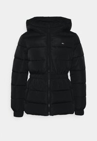 Giubbotto imbottito nero con cappuccio, chiusura frontale con zip, vita elastica e maniche lunghe. Presenta cuciture orizzontali e tasche laterali.