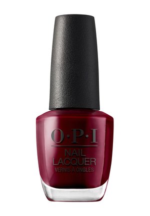 Vernis à ongles OPI dans une teinte rouge profonde, avec un capuchon noir texturé et une bouteille rectangulaire transparente portant le nom de la marque et l'étiquette du produit.