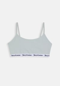 Svetlošedý bralet s tenkými nastaviteľnými ramienkami a bielym elastickým pásikom s nápisom značky "Juicy Couture" v čiernom písme.