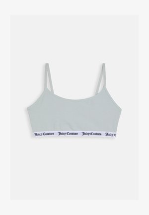 Bralette cinza claro com alças finas ajustáveis e uma faixa elástica branca com o nome da marca "Juicy Couture" em letras pretas.