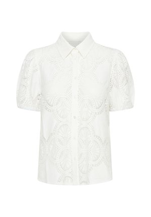 Chemise blanche à manches courtes avec un design en dentelle à motifs circulaires, un devant boutonné et un col classique.