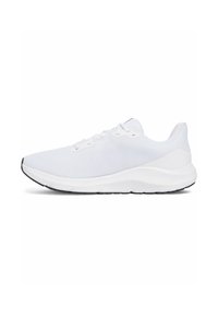 White athletic sneaker with a breathable mesh upper, cushioned sole, and contrasting black accents on the outsole and toe tip.
