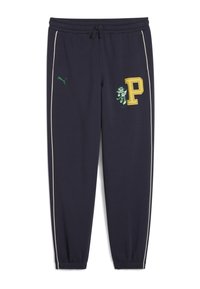 Pantaloni della tuta navy con logo verde e patch giallo "P", caratterizzati da strisce laterali, polsini elastici e vita con cordino. Tessuto morbido.