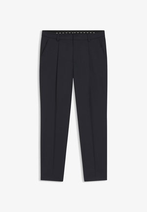 Marineblauwe nette broek van een gladde stof, met een rechte pijp, twee zijzakken en een platte tailleband met stikseldetails.