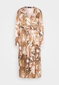 Robe midi à manches longues avec motif marbré abstrait marron, beige et blanc, devant croisé et ceinture nouée à la taille.