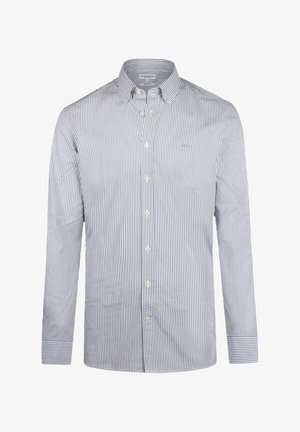 Blouse met lange mouwen in blauw en witte verticale strepen. Gemaakt van gladde stof met een button-down kraag en witte knopen aan de voorkant.