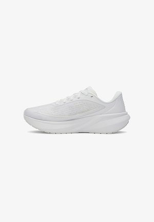 Chaussures de sport blanches dotées d'une tige respirante, d'une semelle rembourrée, d'un design élégant et d'accents texturés, idéales pour la course ou un usage quotidien.