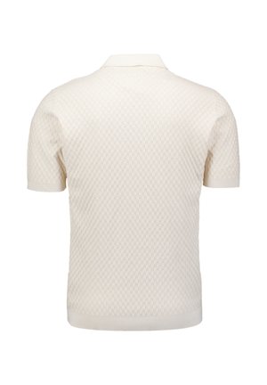 Korte mouw crème geknit poloshirt met subtiele mandstructuur, geribde boorden, kraag en zoom, van achteren getoond.