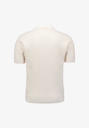 Korte mouw crème geknit poloshirt met subtiele mandstructuur, geribde boorden, kraag en zoom, van achteren getoond.