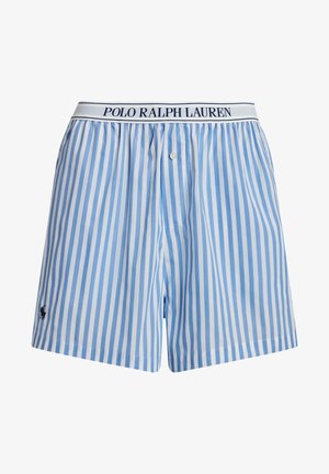 Svetlo modri in beli črtasti bombažni bokserji s elastičnim pasom, na katerem je napisan tekst "POLO RALPH LAUREN" ter majhen logotip.