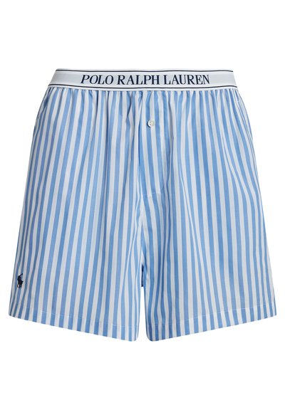 Světle modré a bílé pruhované bavlněné boxerky s elastickým pasem, na kterém je nápis "POLO RALPH LAUREN" a malé logo.