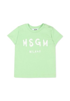 T-shirt bébé vert clair à manches courtes avec inscription blanche "MSGM MILANO" et deux boutons-pression sur l'épaule gauche.