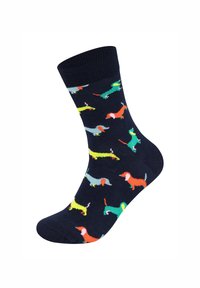 Námořnické ponožky s multicolorovými vzory jezevčíků. Měkká látka, žebrovaný lem a zesílená špička pro větší odolnost.