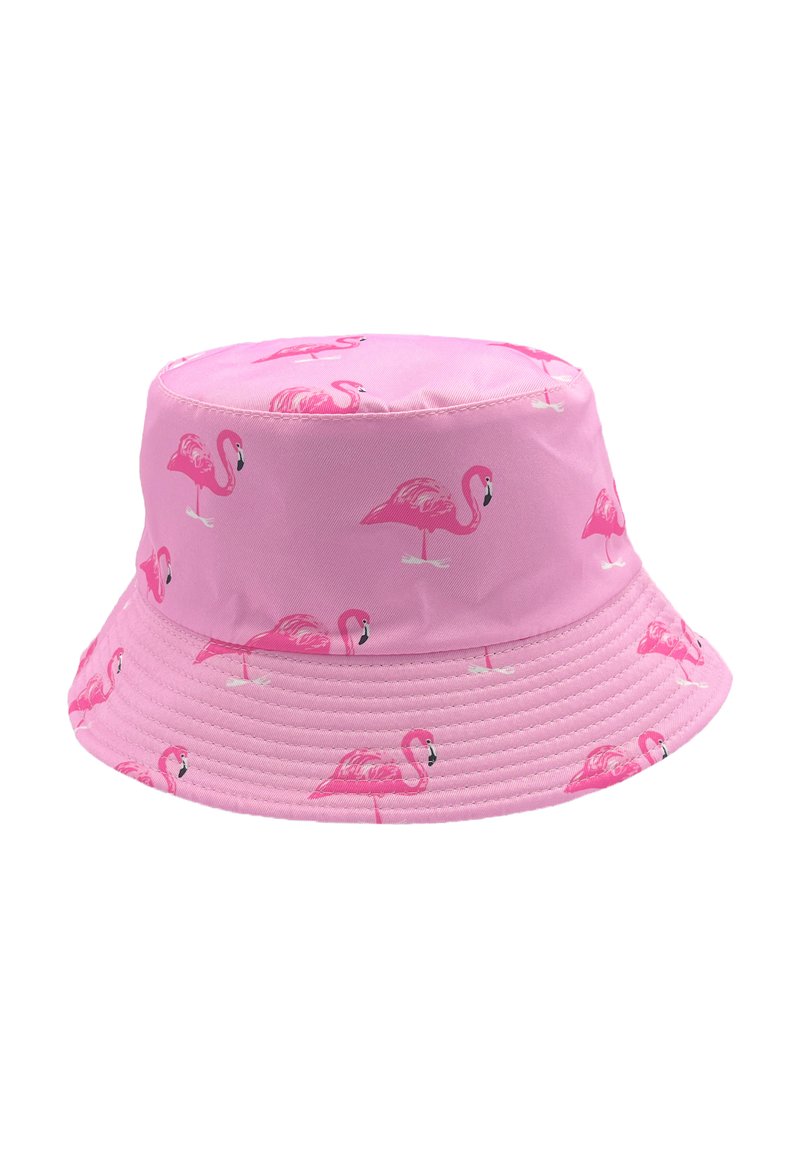 Rosa Bucket Hat aus Stoff mit glatter Textur, versehen mit einem sich wiederholenden Flamingo-Muster in verschiedenen Rosatönen.