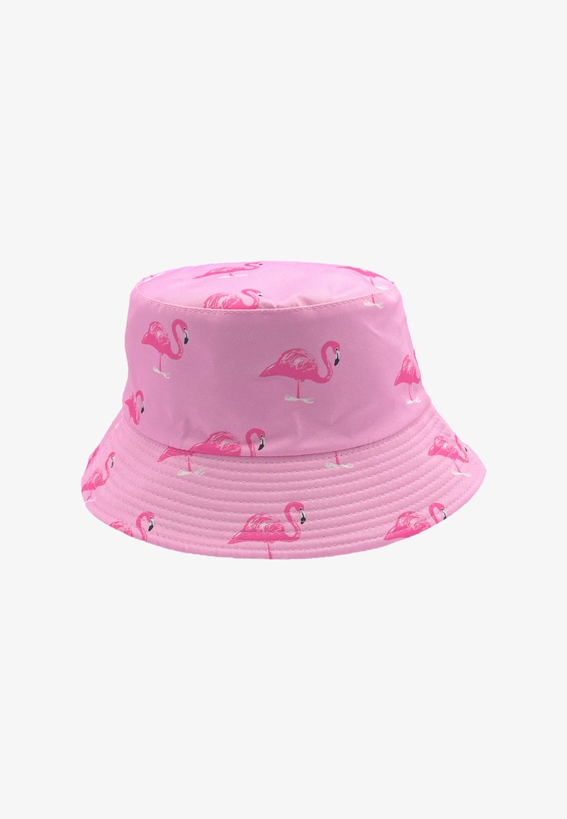Rosa Bucket Hat aus Stoff mit glatter Textur, versehen mit einem sich wiederholenden Flamingo-Muster in verschiedenen Rosatönen.