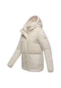 Witte jas met een pluche, gestructureerde bovenkant en een gladde onderkant. Het heeft een capuchon, zijzakken en een ritssluiting aan de voorkant.