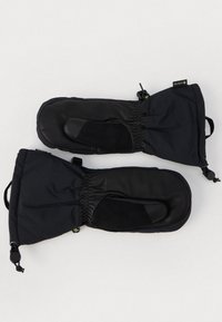 Manoplas negras con palma de cuero, parte superior de tela aislante, puños elásticos y tira para facilitar su uso. Textura suave con un ajuste ceñido.