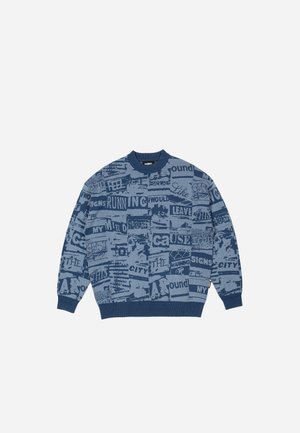 Blue knit sweatshirt featuring a graphic collage print with text and patterns, ribbed cuffs, and crew neckline.