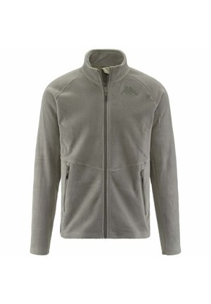 Giacca in pile grigia chiara, con zip integrale, colletto alto e due tasche laterali con chiusura a zip. Logo Kappa ricamato sul petto.