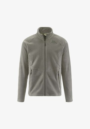 Giacca in pile grigia chiara, con zip integrale, colletto alto e due tasche laterali con chiusura a zip. Logo Kappa ricamato sul petto.
