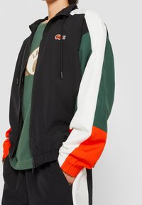 Person wearing a black, white, green, and orange color-block jacket with Lacoste logo, dark green graphic t-shirt, and black pants with hands in pockets.