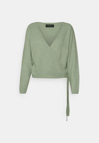 Suéter envolvente verde claro, hecho de una tela suave, con mangas largas, escote en forma de V, atado a la cintura y con puños y dobladillo acanalados.