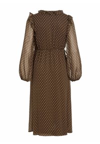 Brun prikkete kjole med lange, gjennomsiktige ermer og rynket halslinning. Har elastisk midje og en midtlengde flytende skjørt.