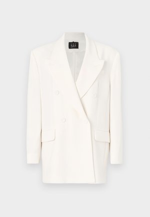 Biely dvojradový blejzer z hladkej tkaniny. Má vykrojený rever, dlhé rukávy a dve vrecká vpredu. Čistý dizajn s minimálnymi akcentmi.