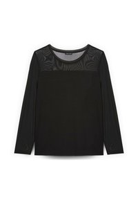 Top nero a maniche lunghe con un pannello in rete trasparente sulle spalle e sul petto, con scollatura rotonda e parte inferiore solida.