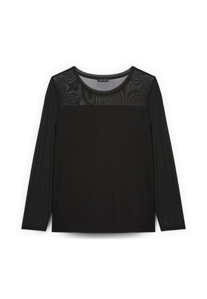 Top nero a maniche lunghe con un pannello in rete trasparente sulle spalle e sul petto, con scollatura rotonda e parte inferiore solida.
