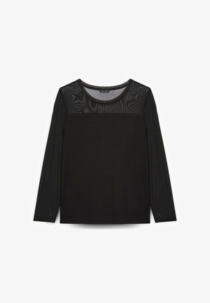 Czarny długi rękaw top z przezroczystą siateczką na ramionach i klatce piersiowej, z okrągłym dekoltem i jednolitą dolną częścią.