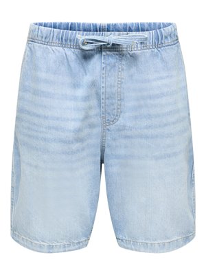 Lyseblå denimshorts med elastisk midje og snor foran, med subtile vaskedetaljer på stoffet.