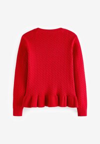 Crveni džemper s uzorkom pletenja u obliku kabela, dugih rukava i nabranim rubom, prikazan straga na bijeloj pozadini.