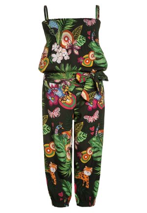 Kombinezon na ramiączkach z elastycznym górnym i dolnym wykończeniem, wiązany w talii, czarna baza z kolorowymi tropikalnymi motywami kwiatowymi, liśćmi, motylami i wzorami zwierzęcymi.