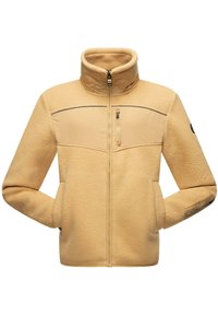 Chaqueta de forro polar en beige claro con cuello alto, bolsillo en el pecho con cremallera, bolsillos laterales y tejido texturizado. Acentuada con un panel horizontal.