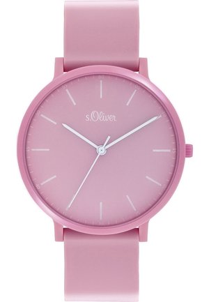 Roze polshorloge met een eenvoudige wijzerplaat, witte uur-, minuut- en secondewijzers, en het "s.Oliver"-logo op 12 uur, voorzien van een bijpassende roze band.
