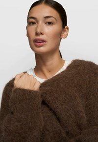 Suéter marrón y esponjoso de manga larga, con un corte suelto y textura suave. La modelo lleva una camiseta blanca debajo. Fondo neutro.