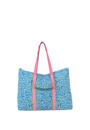 Blaue Tragetasche mit pink-blauem Leopardenmuster und langen pinken Griffen.