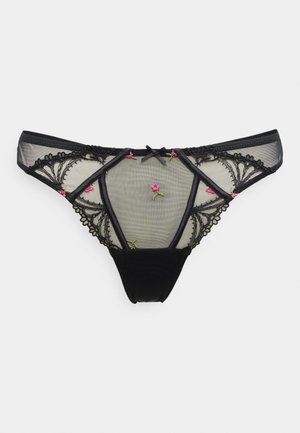 Μαύρο δαντελένιο στρινγκ με κεντημένα ροζ τριαντάφυλλα, διαθέτει διαφανείς πλέξεις από δίχτυ και κυματιστά άκρα, μαλακό μείγμα υφασμάτων στο μπροστινό μέρος.