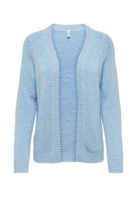 Light blue open-front knitted cardigan with long sleeves and ribbed cuffs and hem, displayed on a white background.