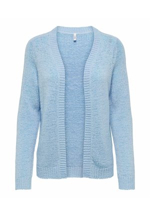 Gilet en tricot bleu clair ouvert à l'avant, avec des manches longues et des poignets et un ourlet côtelés, présenté sur un fond blanc.