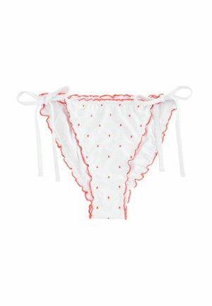 Weiße Bikiniunterteile mit kleinen orangen Diamantmustern. Mit Rüschenkanten und seitlichen Bindebändern in Weiß. Aus weichem Material, entworfen für Komfort.