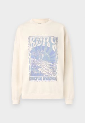 Lys cremefarvet sweatshirt med rund hals og ribbede manchetter. Forsiden har et blåt grafisk design med "ROXY" og en strandscene.