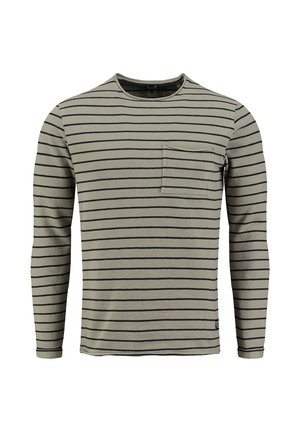 Maglia a manica lunga con scollo tondo verde oliva chiaro con sottili righe orizzontali nere e taschino sul petto a sinistra.
