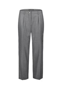 Grijze broek van een gestructureerde stof, met een sluiting met een voorknoop, twee zijzakken en een met rits afgesloten zak op het rechterbeen.
