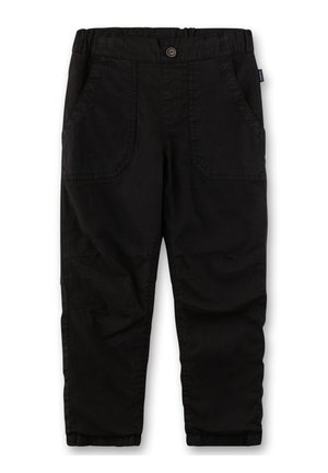 Schwarze Baumwoll-Cargo-Shorts mit elastischem Bund, Knopfverschluss und mehreren Taschen, die eine glatte Textur und eine lockere Passform bieten.