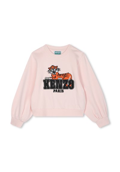 Różowa bluza z balonowymi rękawami, z czarno-pomarańczowym nadrukiem tygrysa oraz napisem "KENZO PARIS" w wyraźnej czarnej czcionce. Materiał bawełniany.
