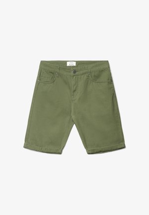 Pantaloncini casual verde oliva con orli arrotolati, bottone frontale, chiusura con zip, passanti per cintura e design a cinque tasche.