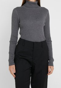 Grijze geribde coltrui met lange mouwen. Gemaakt van zachte stof. Gepaard met hoog-waist zwarte broeken, met een tailored ontwerp.